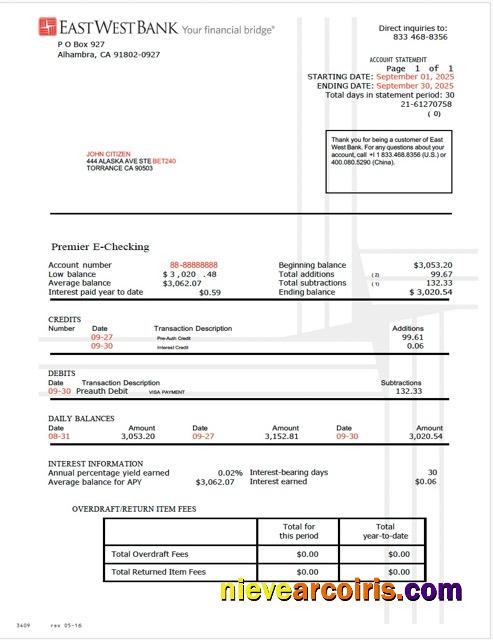 USA East West Bank account statement Word and PDF